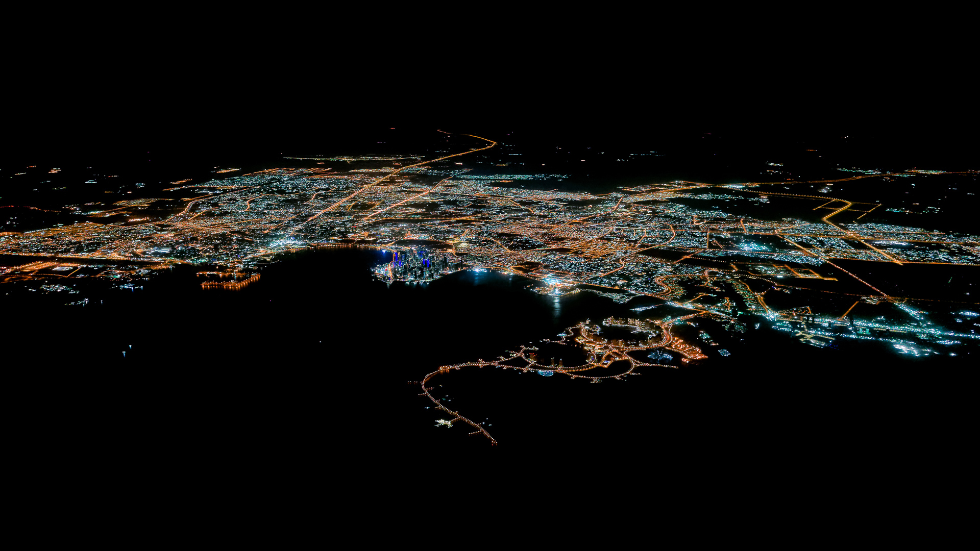 Doha, Qatar, aerial image, night, city lights