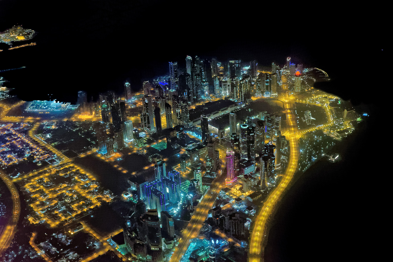 Doha, night, aerial image, West Bay, Qatar