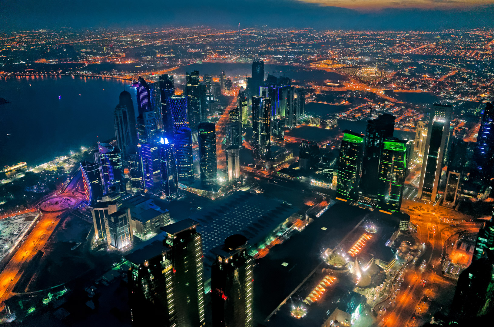 Doha, colur, night, Qatar, West Bay, cityscape, aerial image