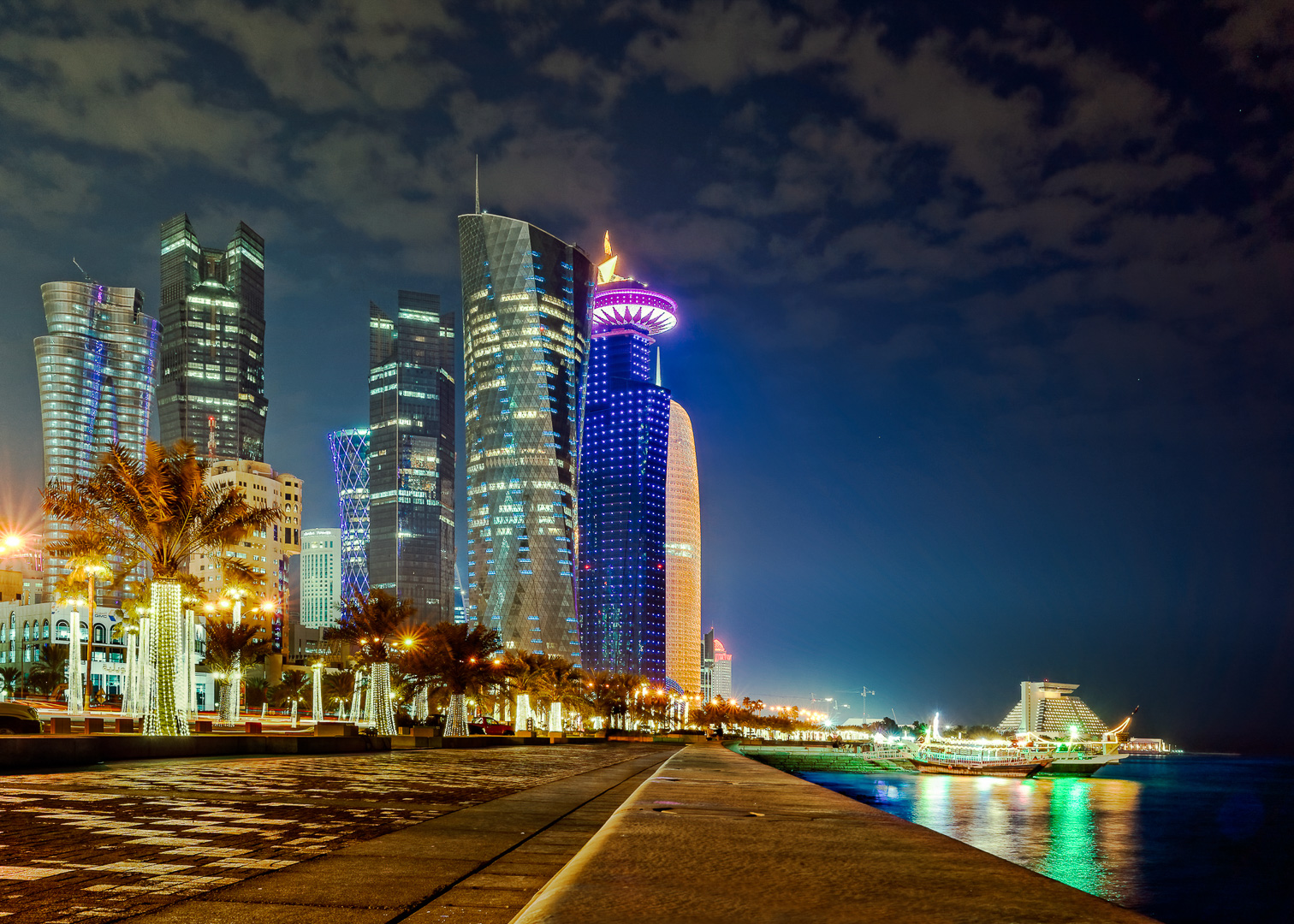 Doha, West Bay, corniche, night, lights