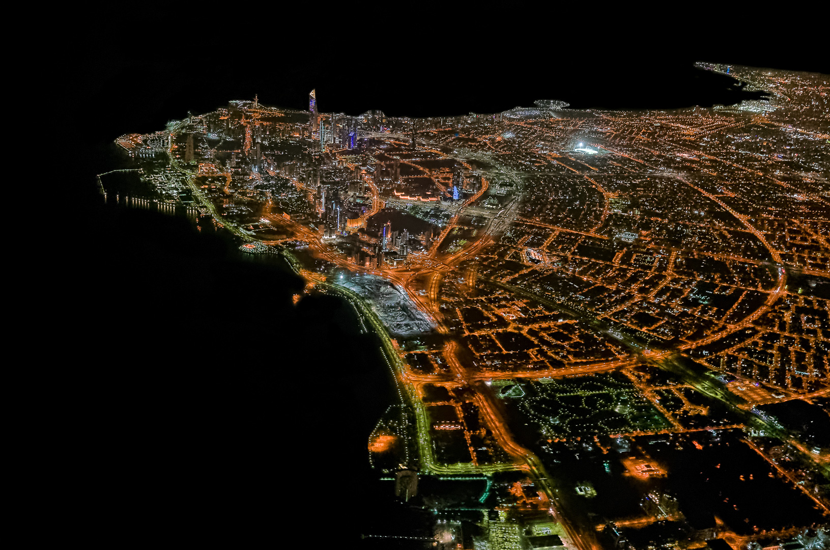 Kuwait, night, city lights, aerial image